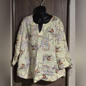 J Jill Linen Yellow Paisley Floral Keyhole Back Top SZ L